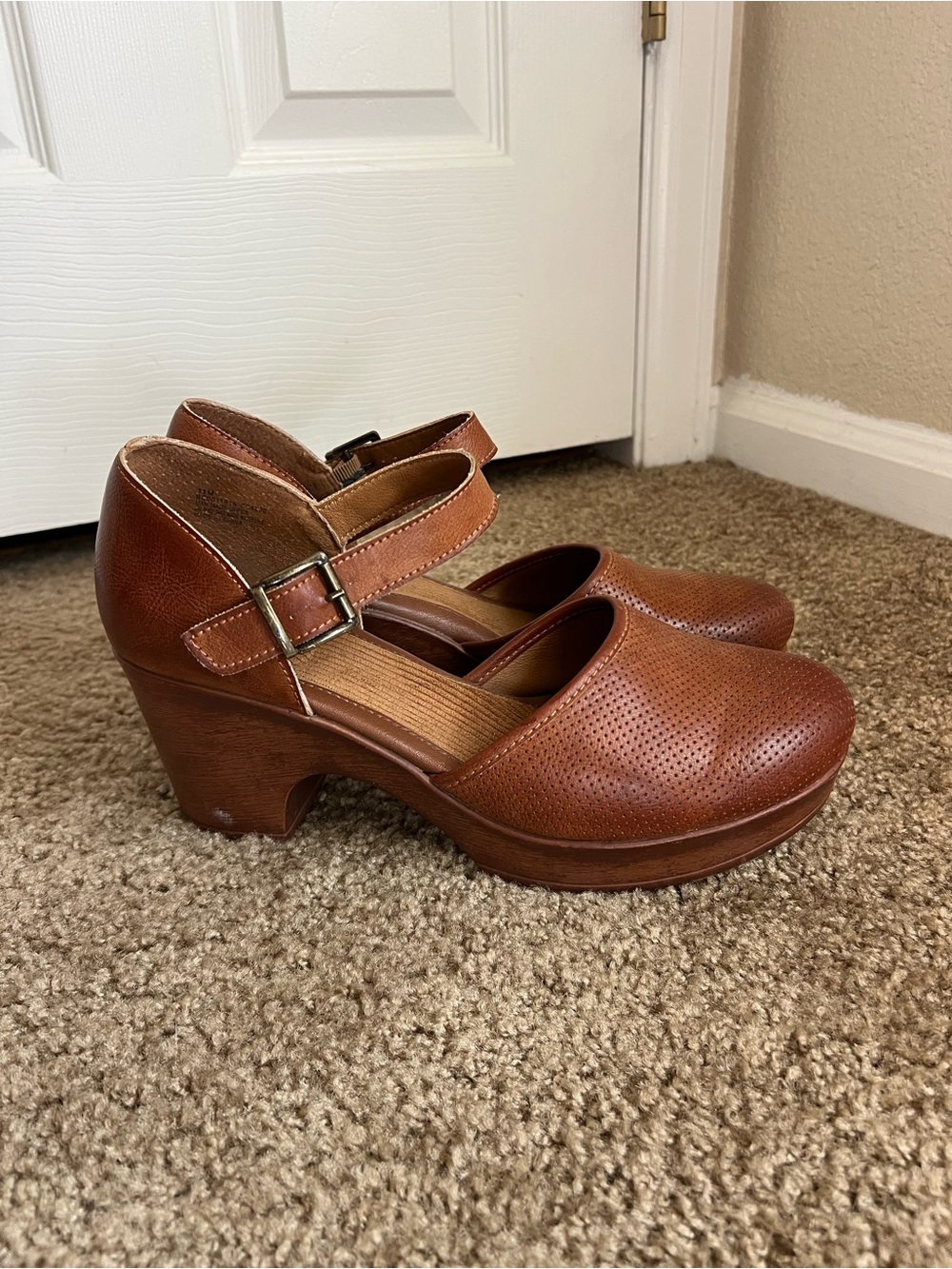 boc Brown Perforated Mary Jane Clog Heels with Ankle Strap